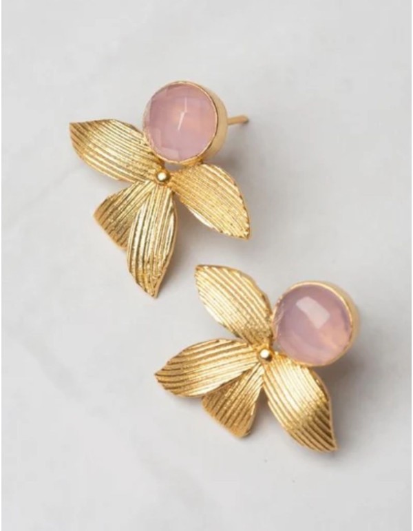 Gold earrings with leaves and a pink stone 2