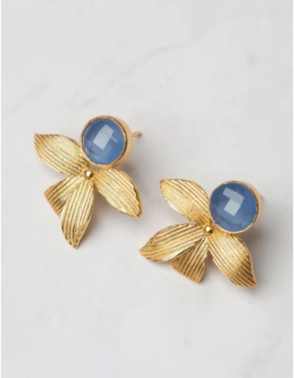 Gold earrings with leaves and a blue stone 2