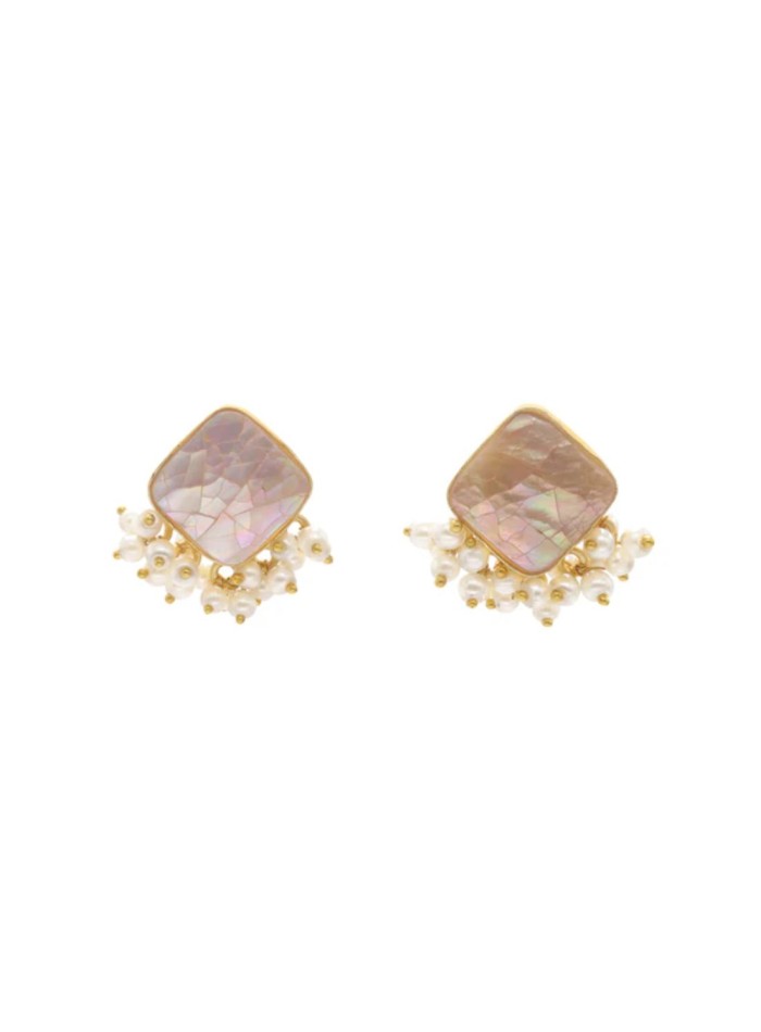 Pendientes con piedra cuadrada y perlas pequeñas