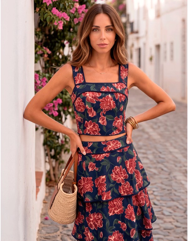 Ensemble à imprimé floral bleu marine avec jupe à volants