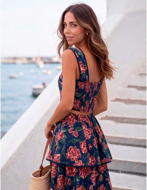 Navy blue floral-print set with a ruffled skirt 2