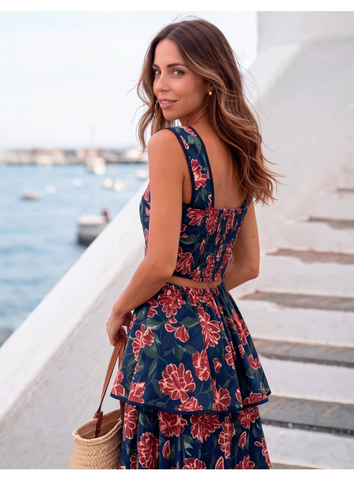 Navy blue floral-print set with a ruffled skirt