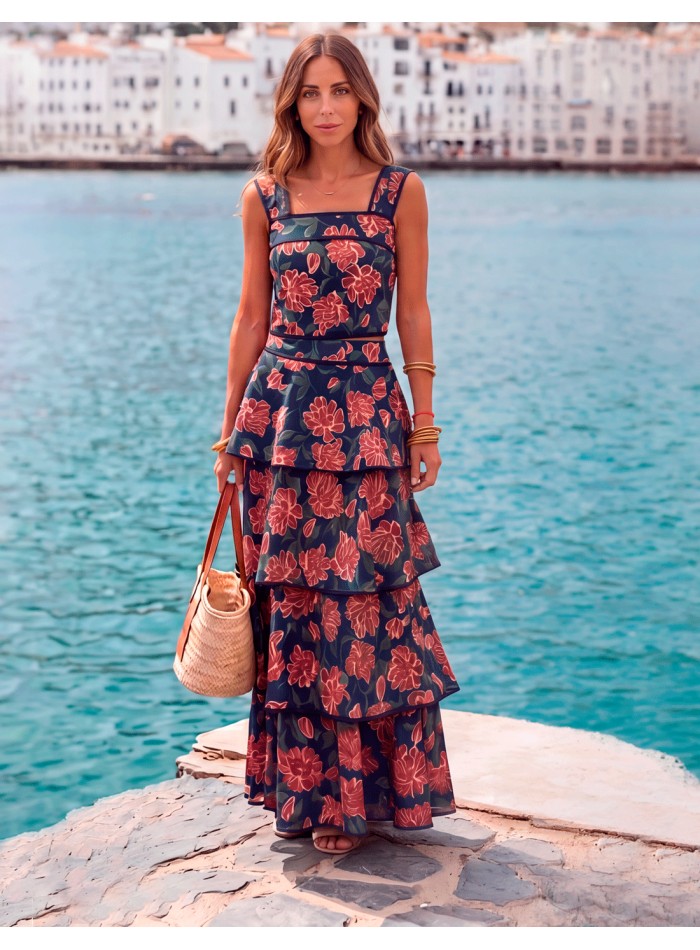 Navy blue floral-print set with a ruffled skirt