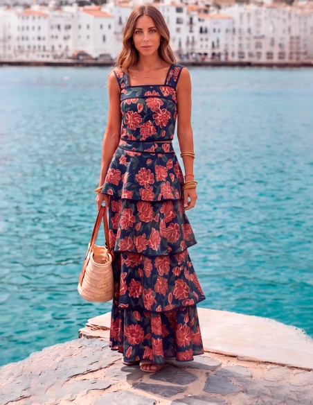 Navy blue floral-print set with a ruffled skirt