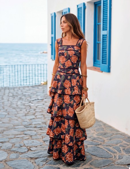 Ensemble à imprimé floral aubergine avec jupe à volants