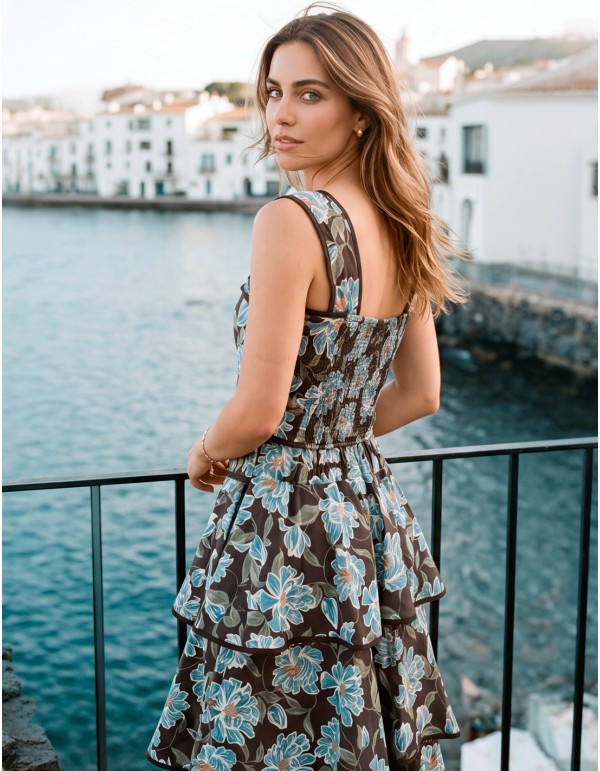 Brown and sky-blue floral-print set with a ruffled skirt