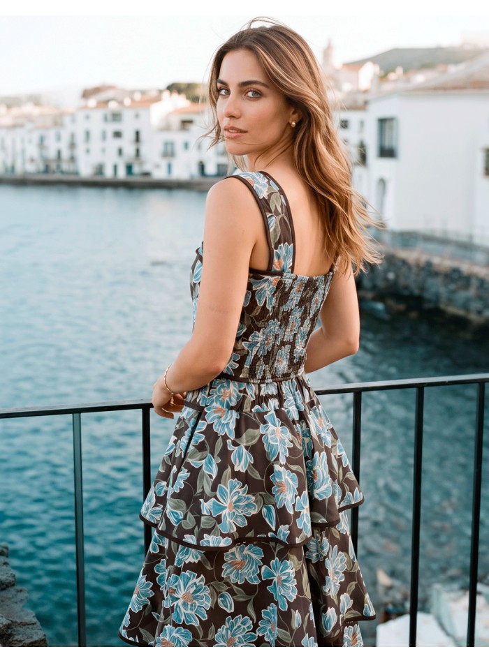 Conjunto estampado floral marrón y azul cielo con falda de volantes