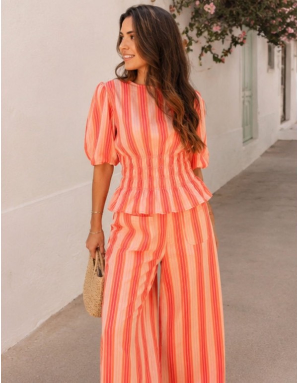 Striped blouse and pants set in shades of orange 2