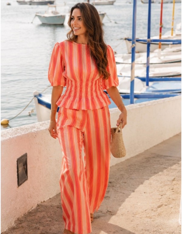 Striped blouse and pants set in shades of orange