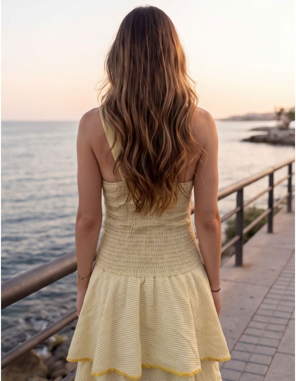 Yellow striped midi dress with ruffles and a... 2