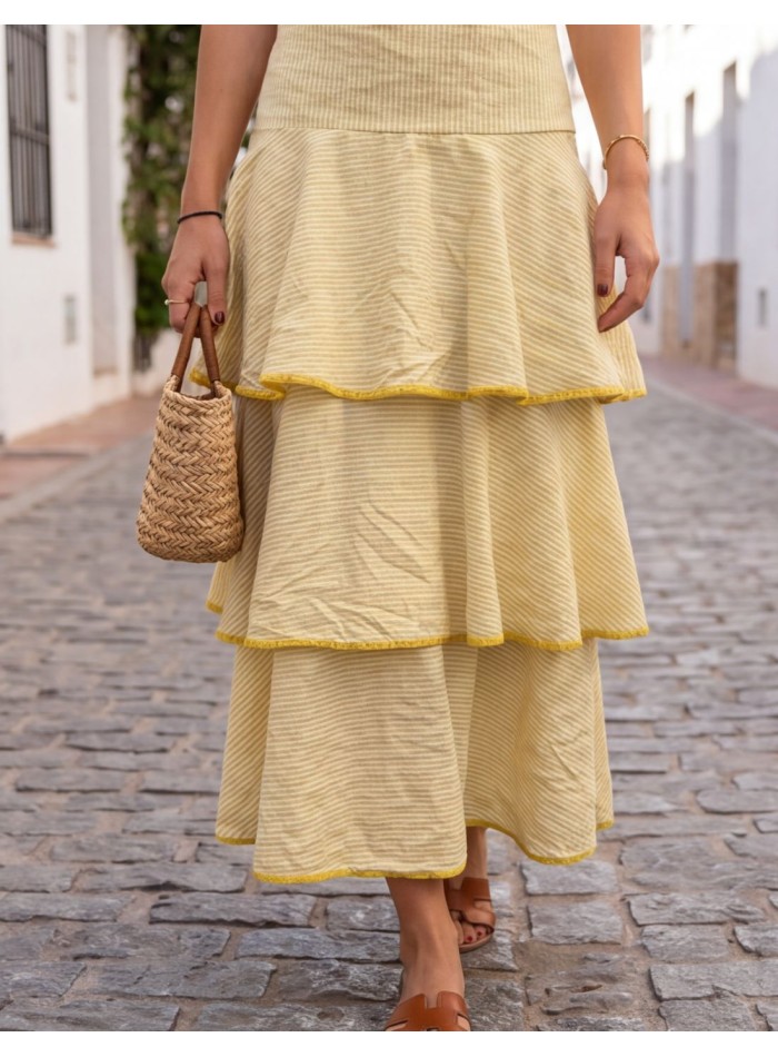 Yellow striped midi dress with ruffles and a...