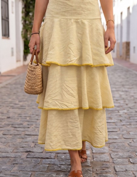 Yellow striped midi dress with ruffles and a honeycomb-patterned back