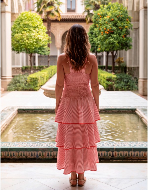 Vestido midi rosa de rayas con volantes y espalda nido de abeja 2