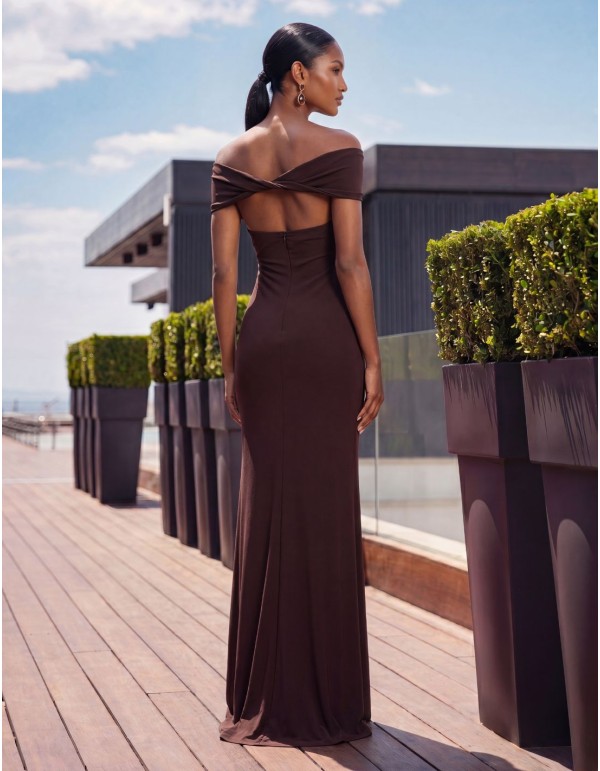 Long guest dress with a crossover Bardot neckline 2