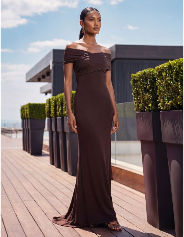Long guest dress with a crossover Bardot neckline