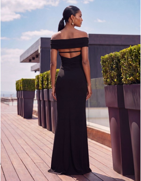 Long black guest dress with a Bardot neckline 2