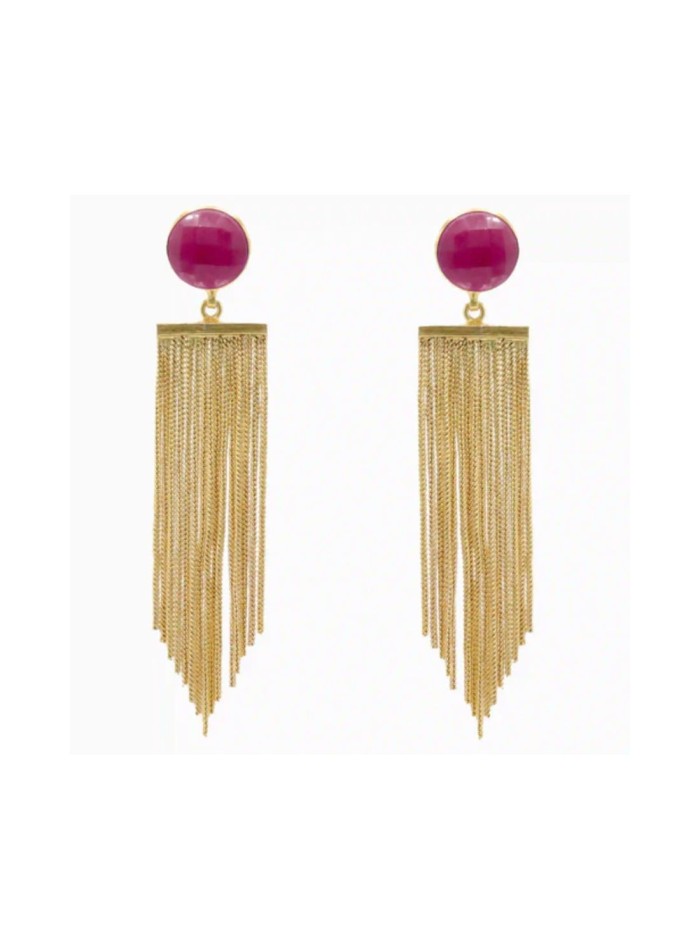 Pendientes largos dorados con flecos y piedra de rubí