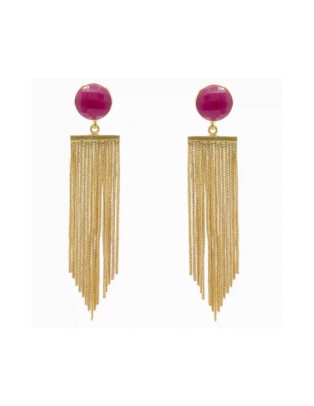 Pendientes largos dorados con flecos y piedra de rubí