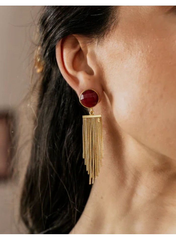 Pendientes largos dorados con flecos y piedra...
