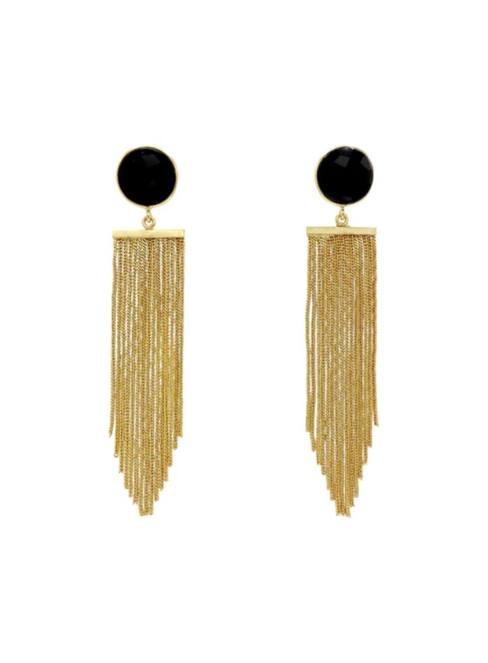 Long gold earrings with fringe and a black stone