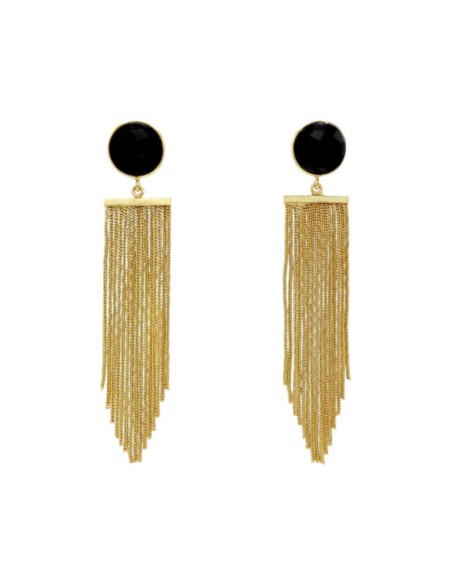 Pendientes largos dorados con flecos y piedra negra