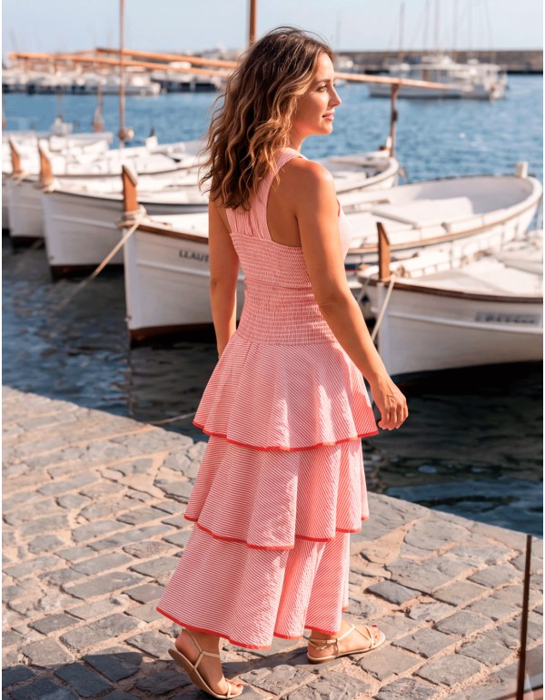 Pink striped midi dress with ruffles and a... 2