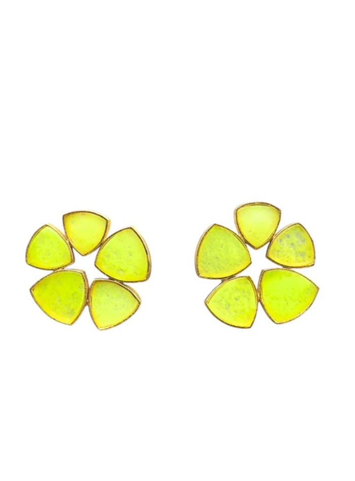Circular earrings with lime green stones in a...