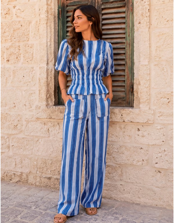 Striped blouse and pants set in shades of blue