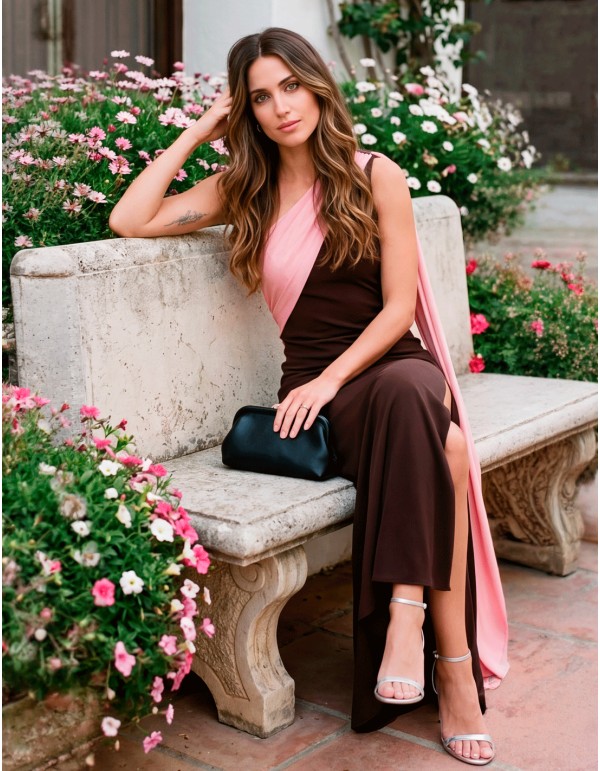 Vestido de fiesta largo marrón chocolate con capa rosa y escote asimétrico 2