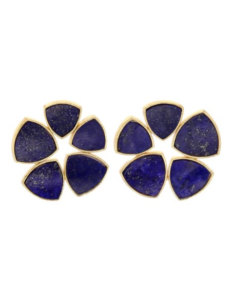 Boucles d'oreilles dorées ornées de pierres bleues, de forme circulaire