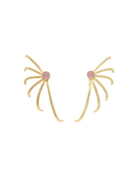 Gold earrings with lines radiating from a pink stone