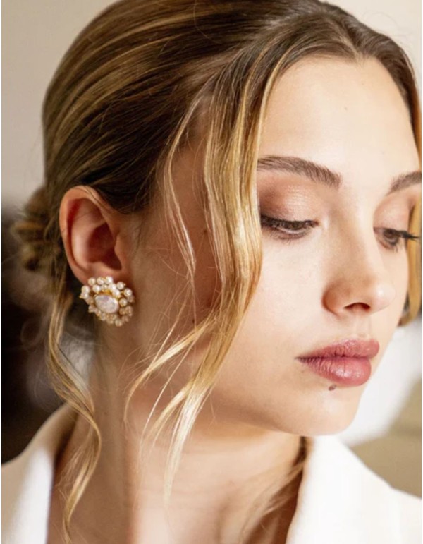 Gold button-style pearl earrings with small pearl accents