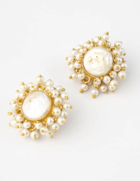 Gold button-style pearl earrings with small pearl accents