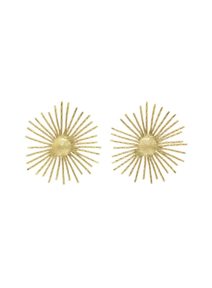Circular gold earrings shaped like the sun