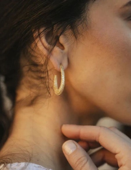 Medium-sized gold hoop earrings with an oval design