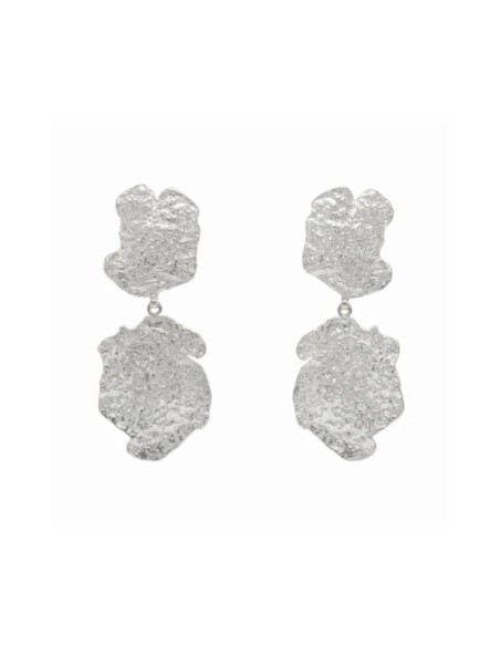 Long silver earrings consisting of two embossed bases