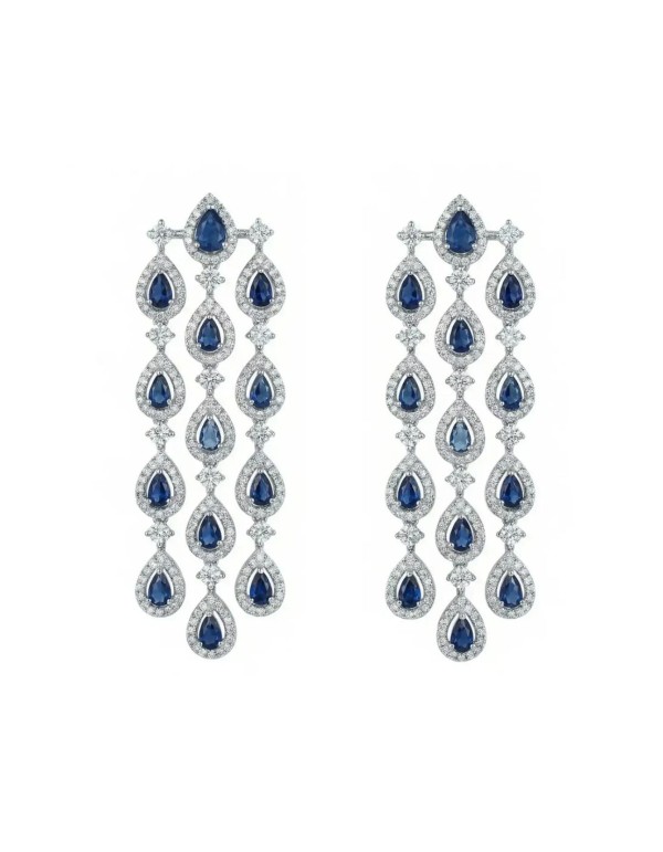 Long silver earrings with blue stones