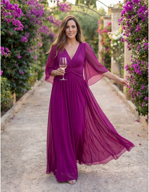 Long, flowing bougainvillea-colored guest dress