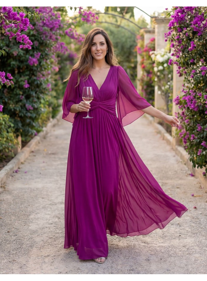 Vestido largo de invitada con mangas murciélago