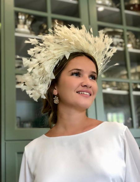 Tocado de novia con plumas naturales para bodas