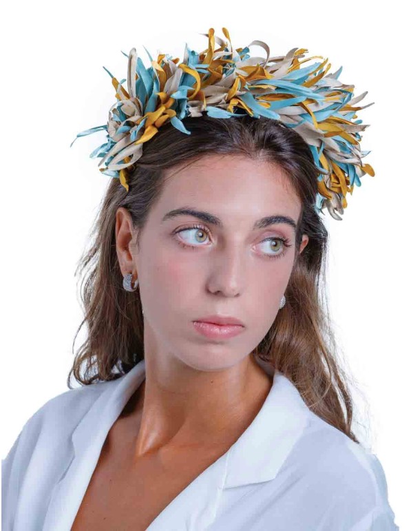 Blue-fringed and mustard maxi headdress by Margarita Sangiovanni