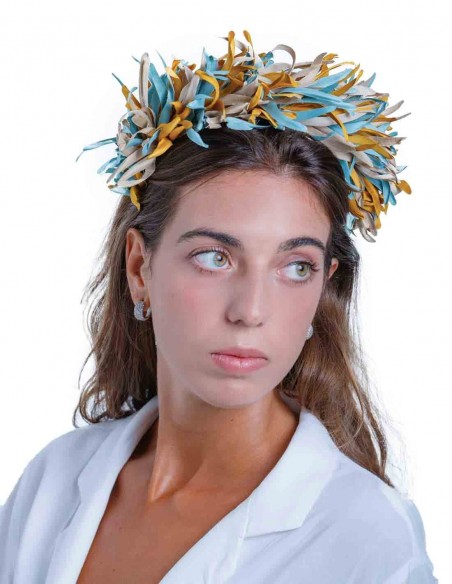 Blue-fringed and mustard maxi headdress by Margarita Sangiovanni