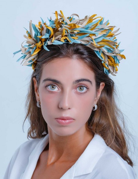 Blue-fringed and mustard maxi headdress for events