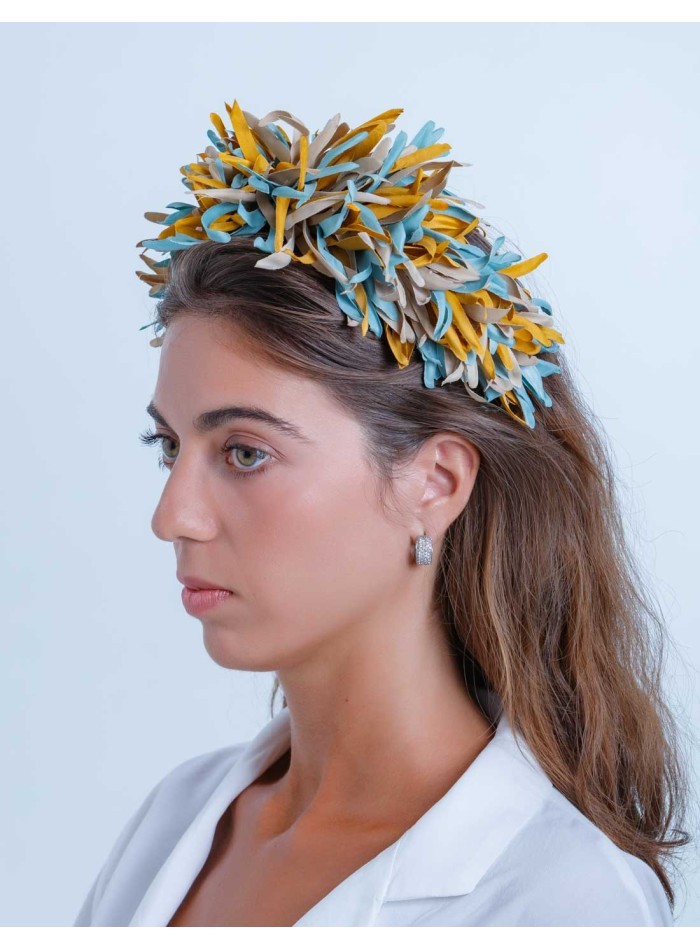Blue-fringed and mustard maxi headdress