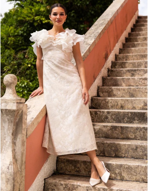 Ivory embroidered midi dress with an embellished neckline