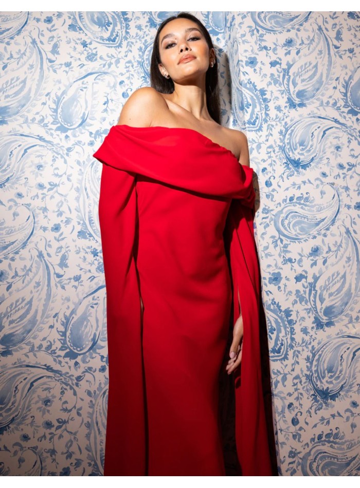 Vestido largo rojo con escote bardot y mangas...