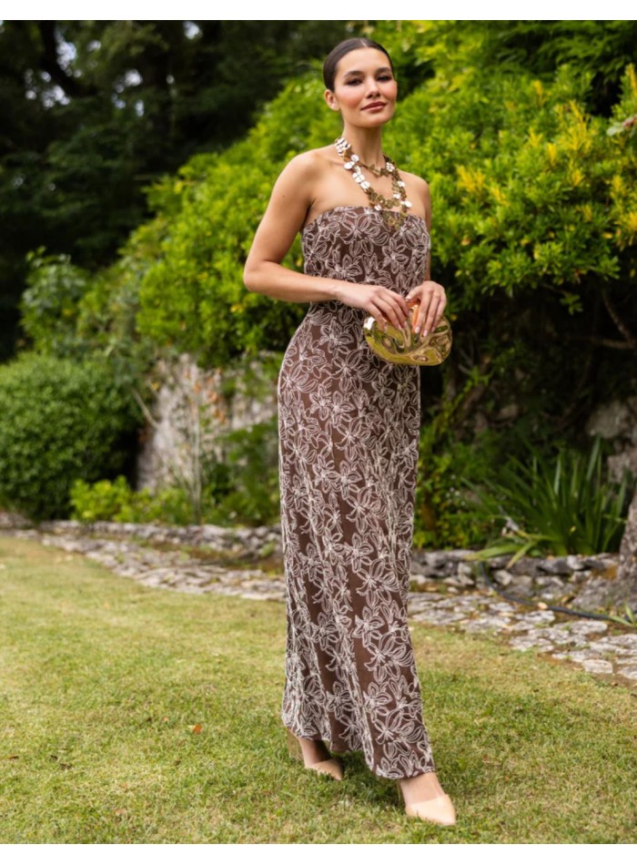 Robe longue marron à imprimé, sans bretelles