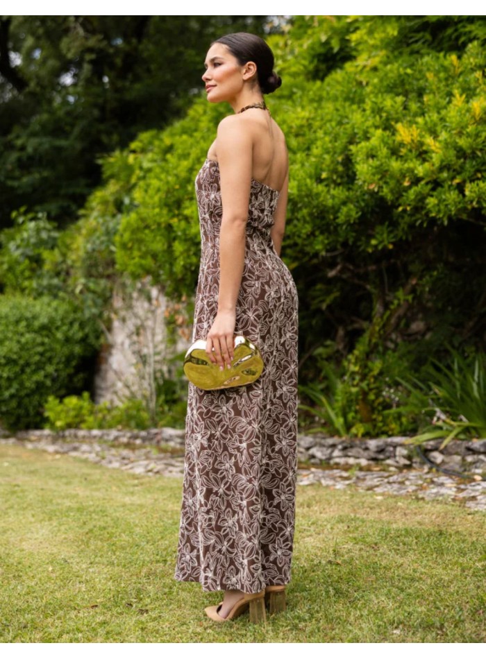 Brown printed strapless maxi dress