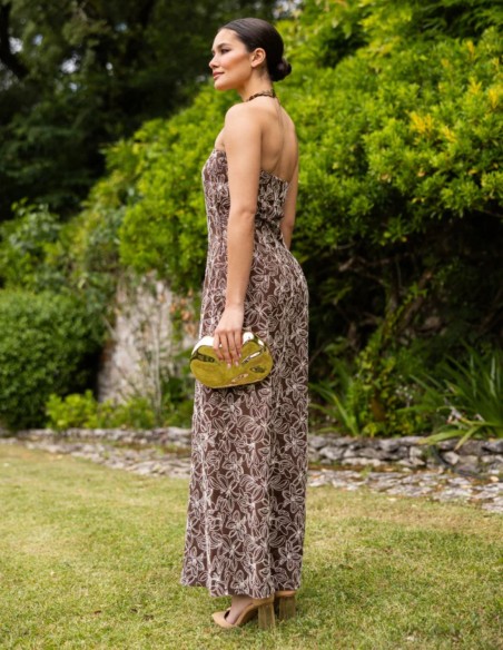 Brown printed strapless maxi dress