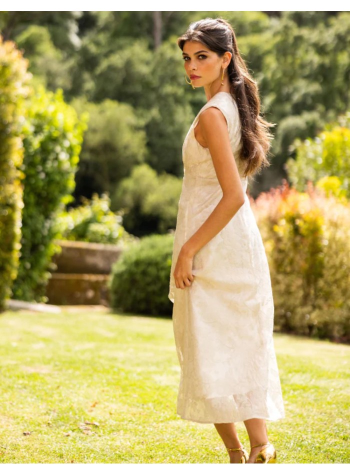 Ivory midi dress with embroidery and a V-neckline